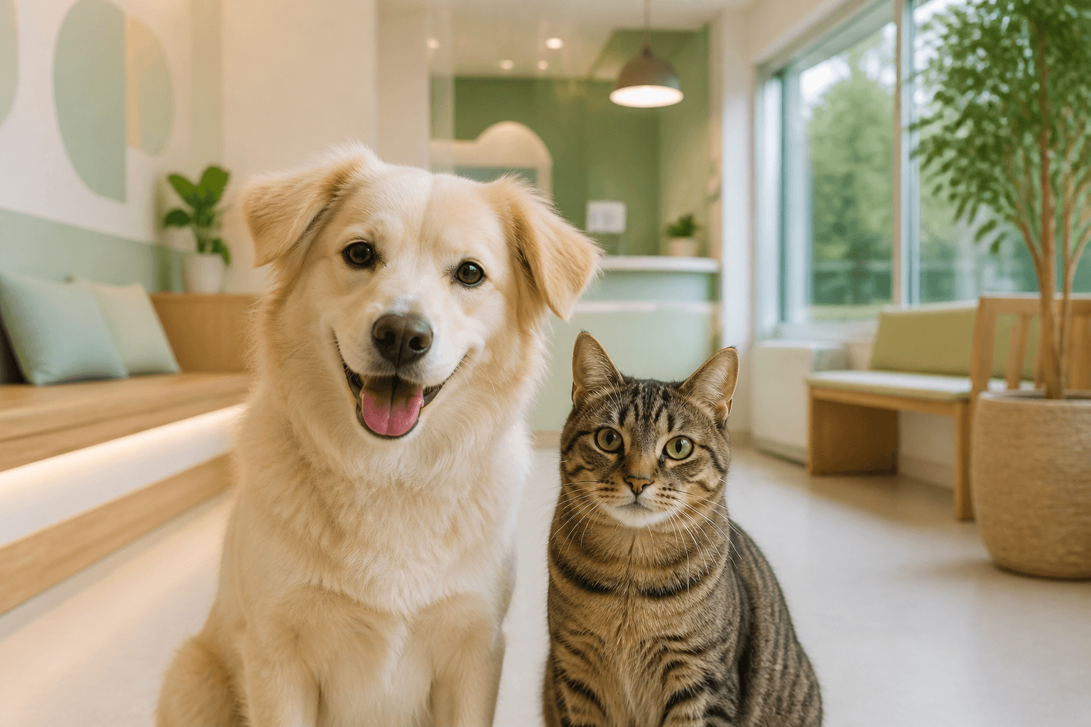 동물병원에서 편안하게 기다리는 강아지와 고양이